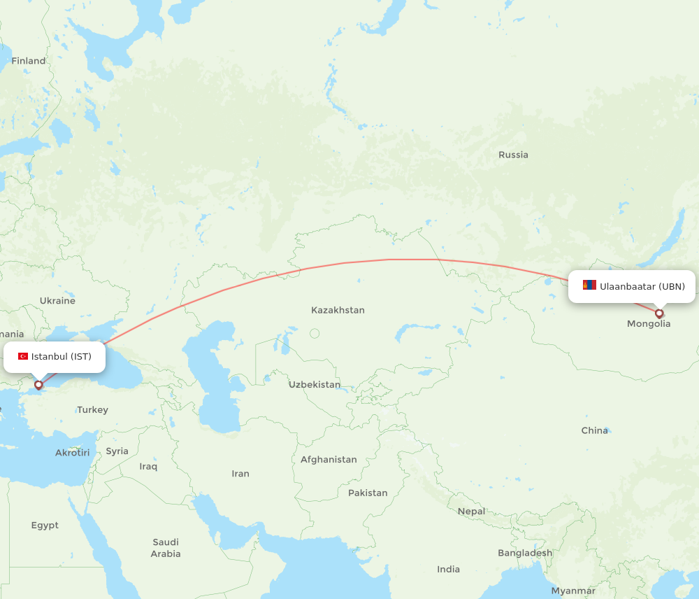 Flights from Istanbul to Ulaanbaatar IST to UBN Flight Routes