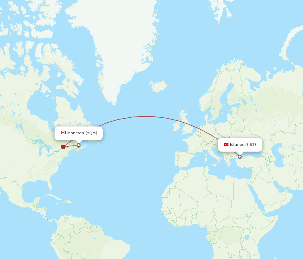 All flight routes from Istanbul to Moncton, IST to YQM Flight Routes