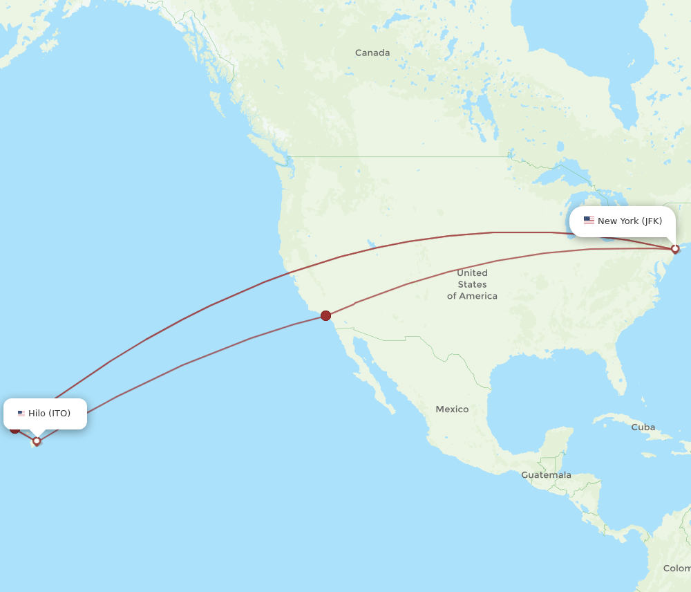 Flights from Hilo to New York ITO to JFK Flight Routes