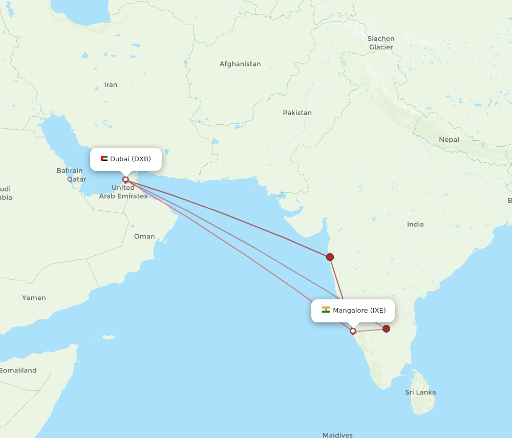 IXE to DXB flights and routes map