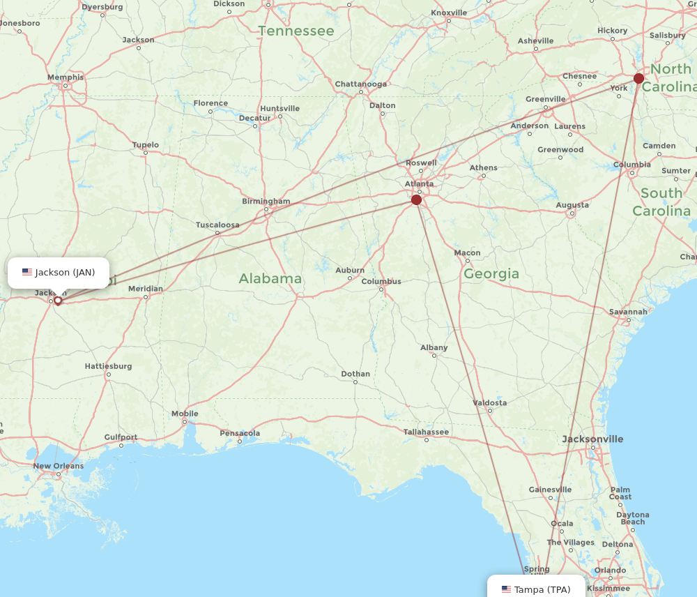 Flights from Jackson to Tampa JAN to TPA Flight Routes