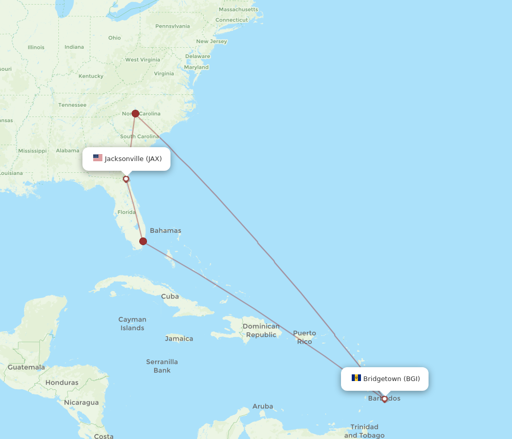 All flight routes from Jacksonville to Bridgetown, JAX to BGI - Flight ...