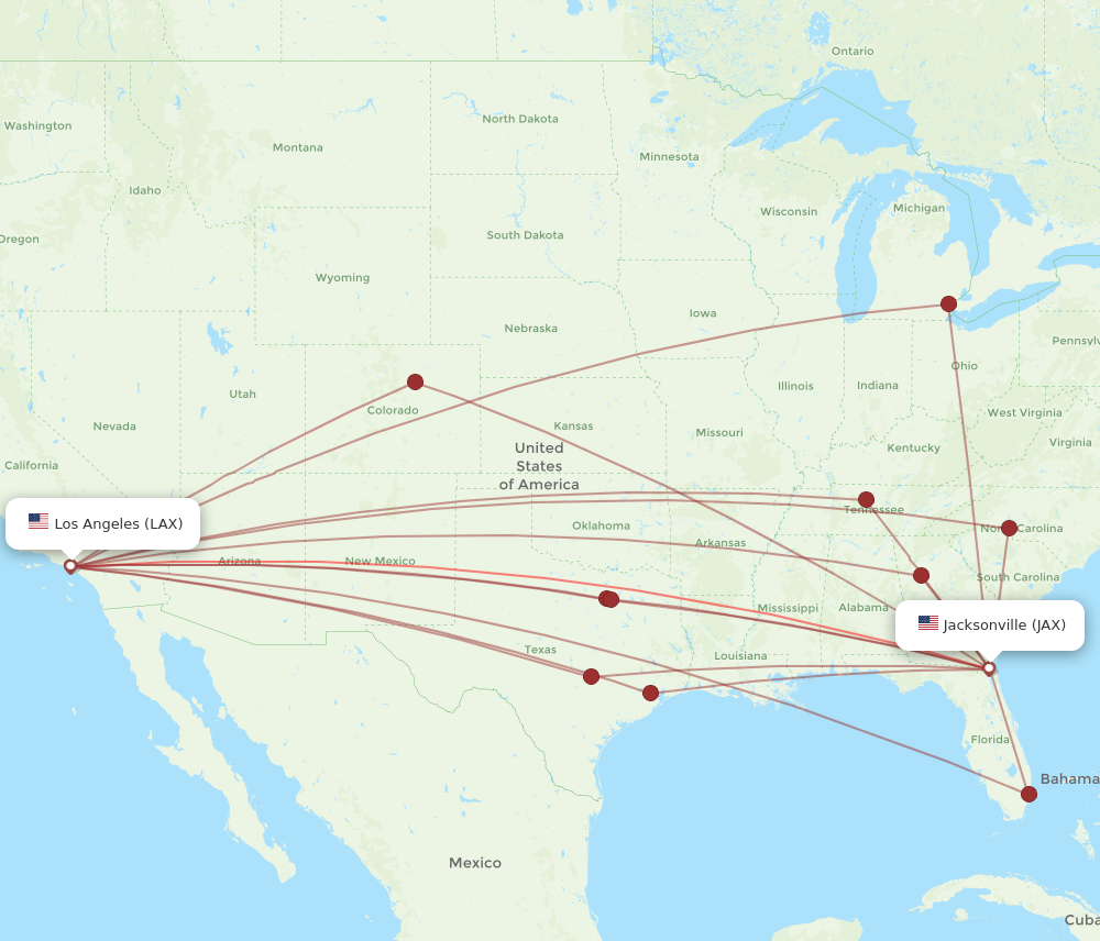 All flight routes from Jacksonville to Los Angeles, JAX to LAX - Flight ...