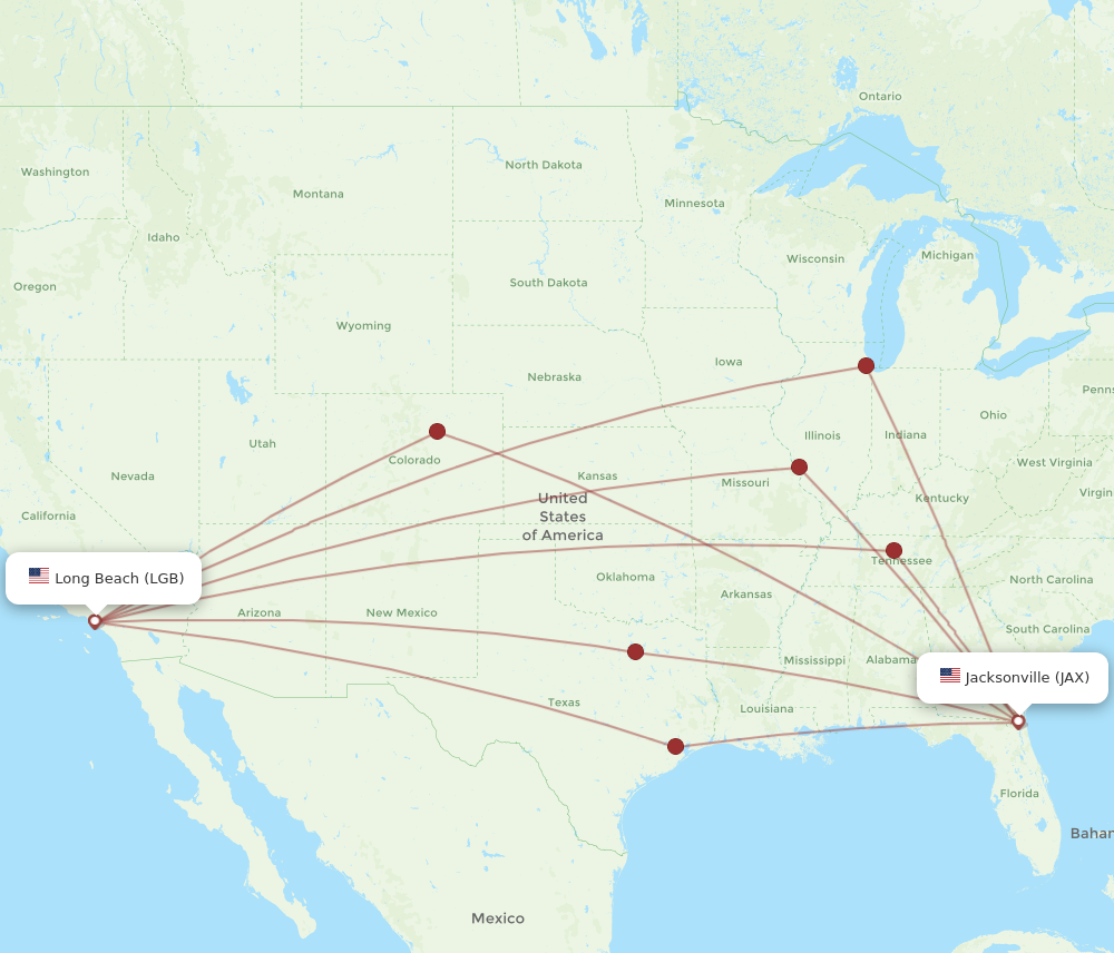 All flight routes from Jacksonville to Long Beach, JAX to LGB - Flight ...