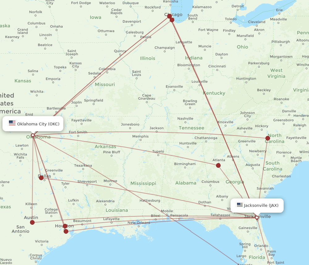 Flights from Jacksonville to Oklahoma City JAX to OKC Flight Routes