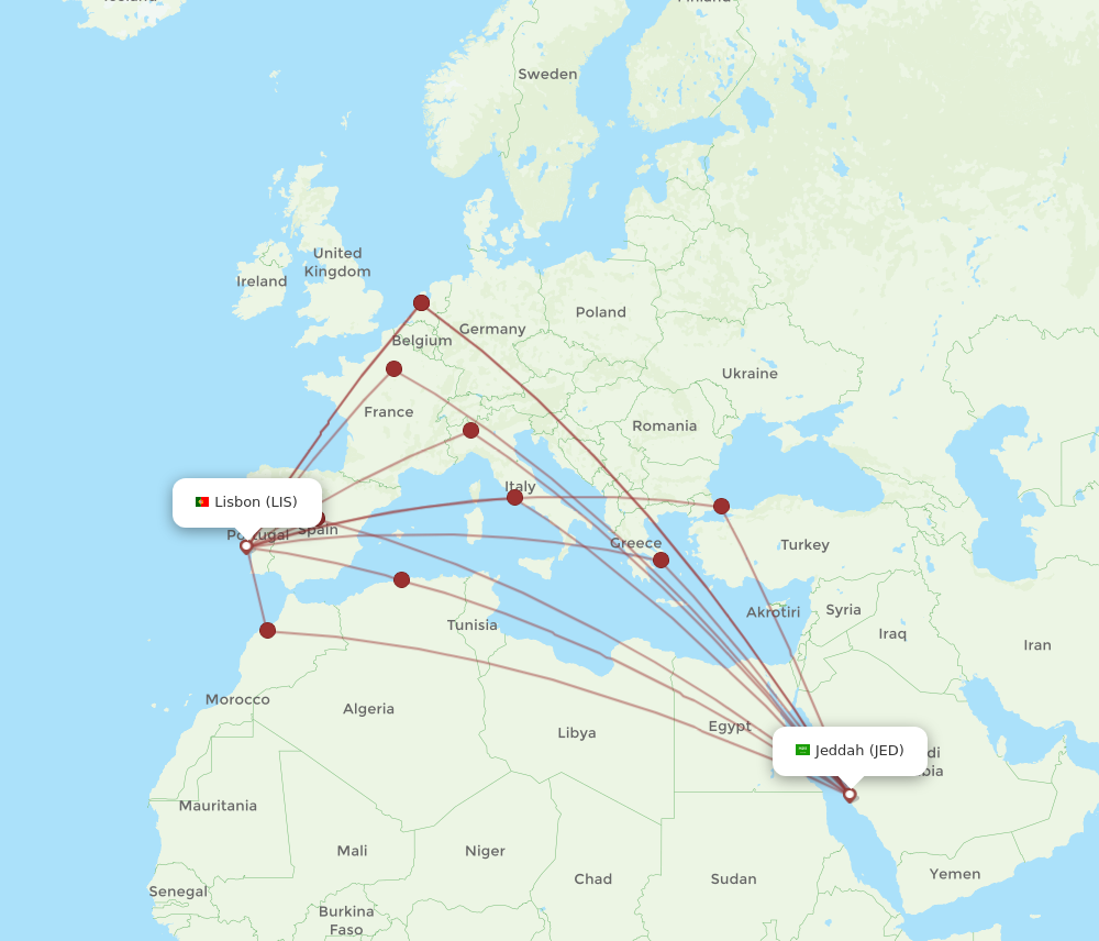 All flight routes from Jeddah to Lisbon, JED to LIS - Flight Routes