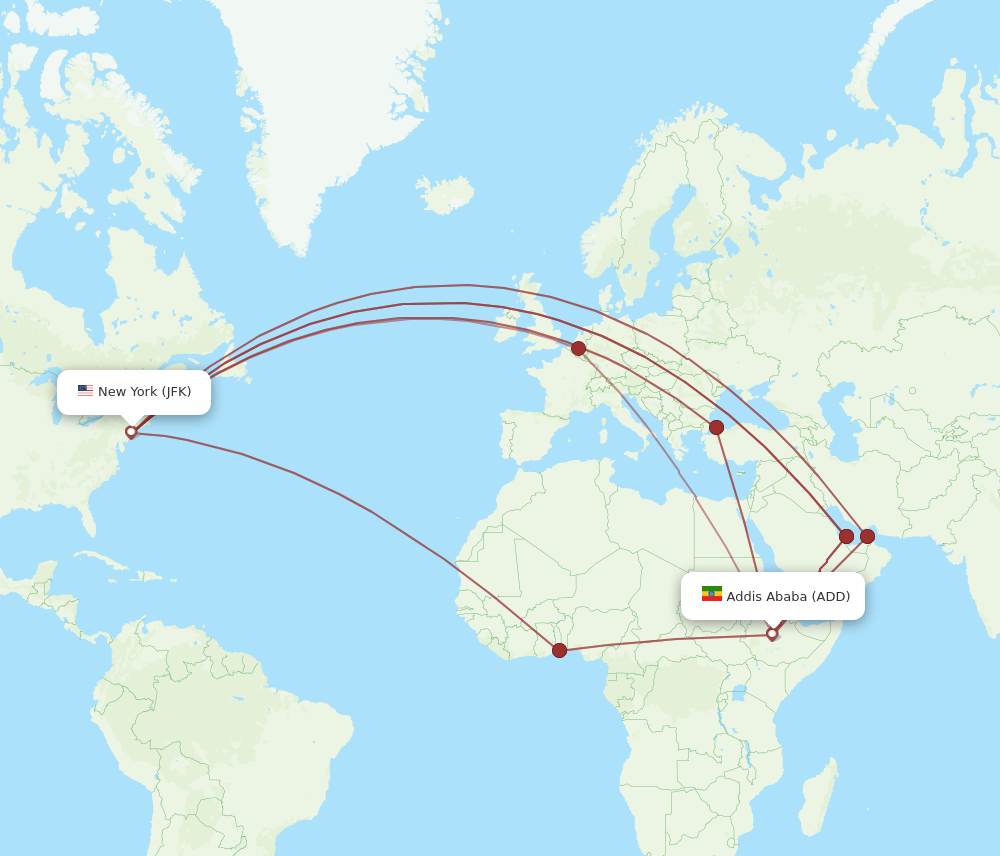 All flight routes from New York to Addis Ababa, JFK to ADD - Flight Routes