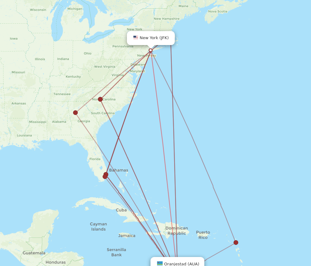 JFK to AUA flights and routes map