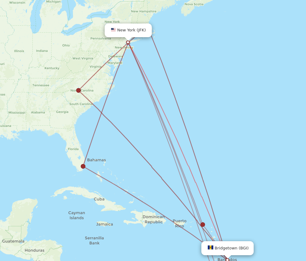 All Flight Routes From New York To Bridgetown, JFK To BGI - Flight Routes