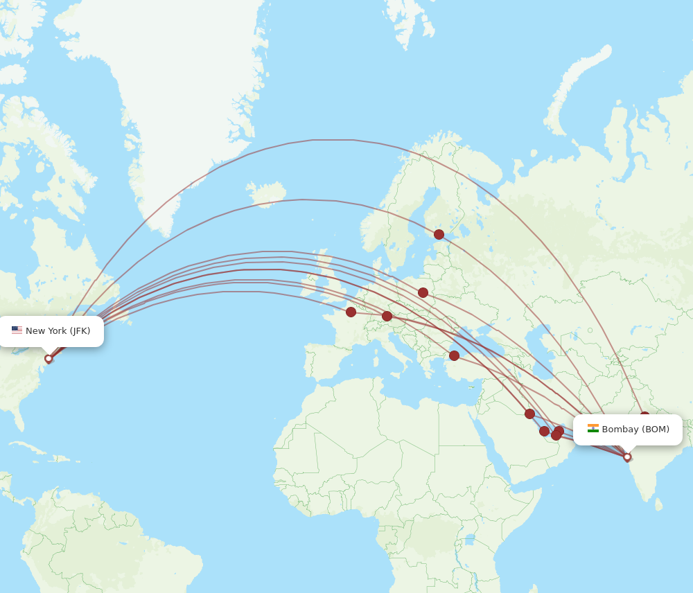 All flight routes from New York to Mumbai, JFK to BOM Flight Routes