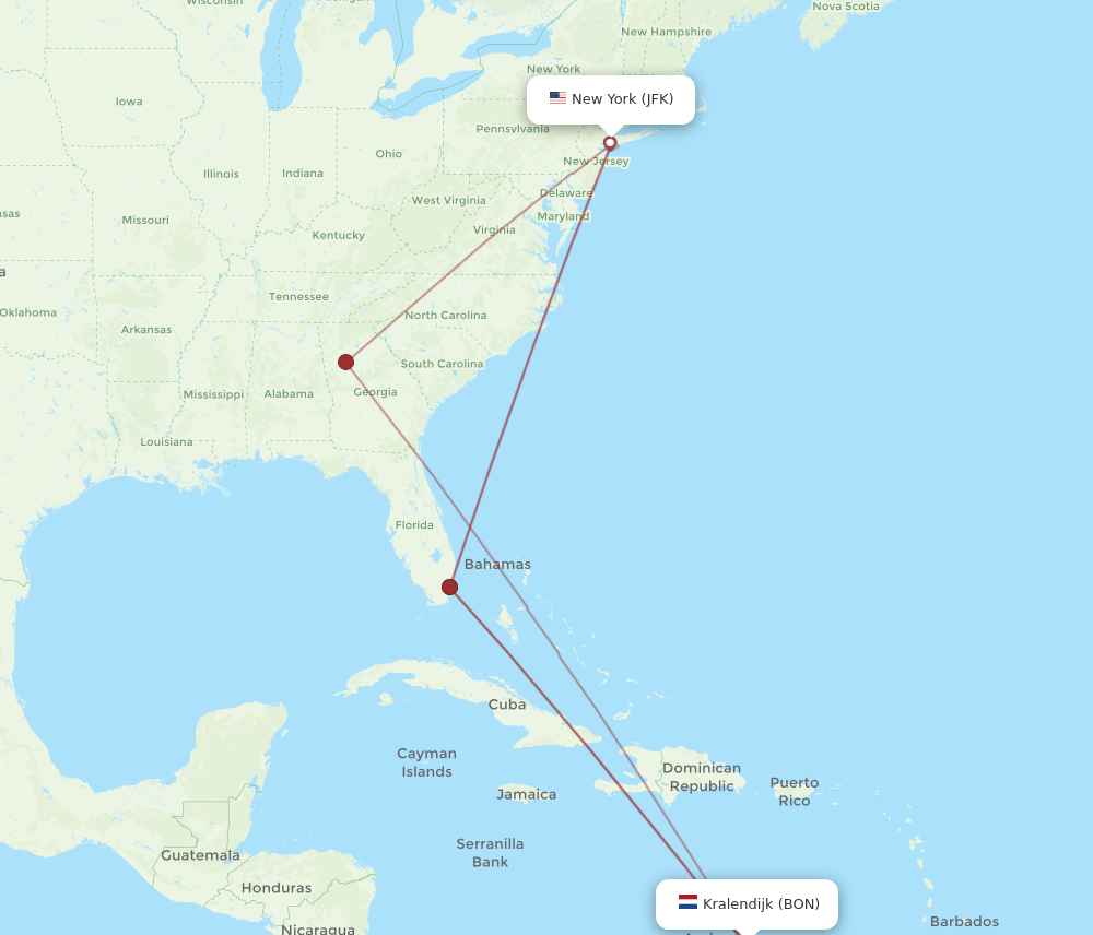 All flight routes from New York to Bonaire, JFK to BON - Flight Routes