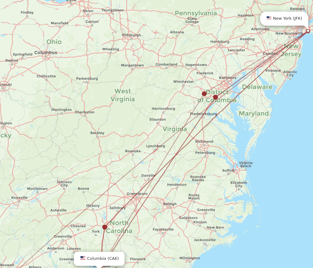 Flights from New York to Columbia JFK to CAE Flight Routes