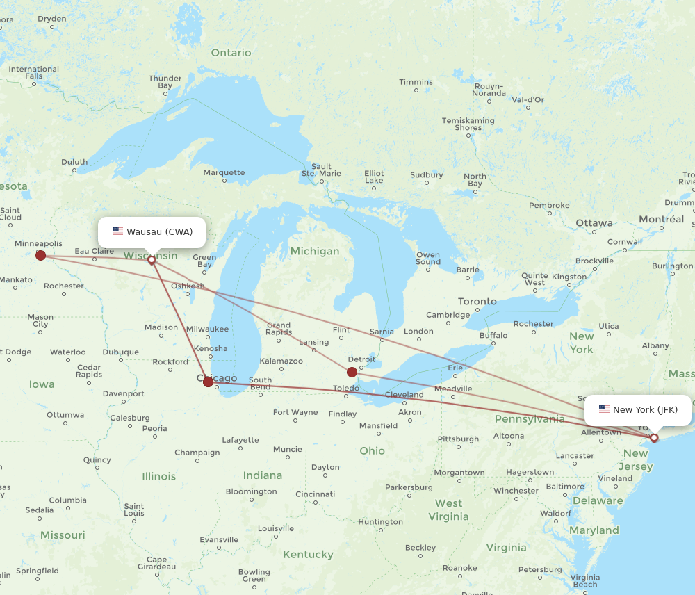 Flights from New York to Wausau JFK to CWA Flight Routes