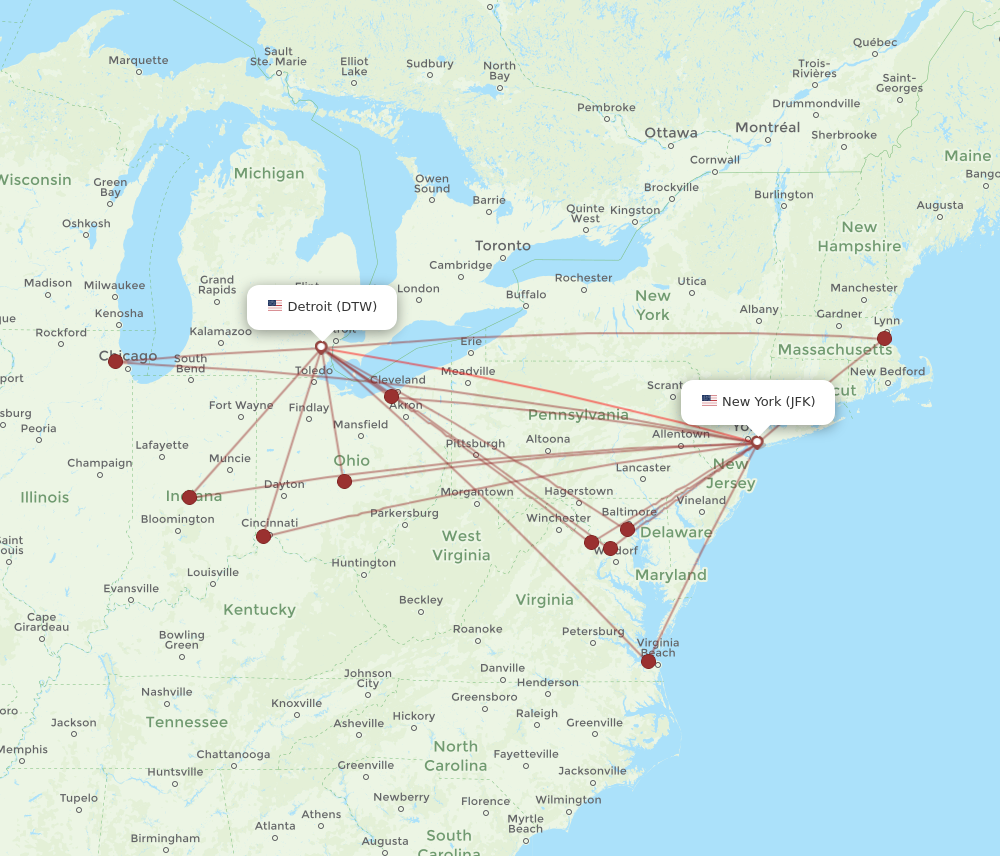 Flights from New York to Detroit JFK to DTW Flight Routes