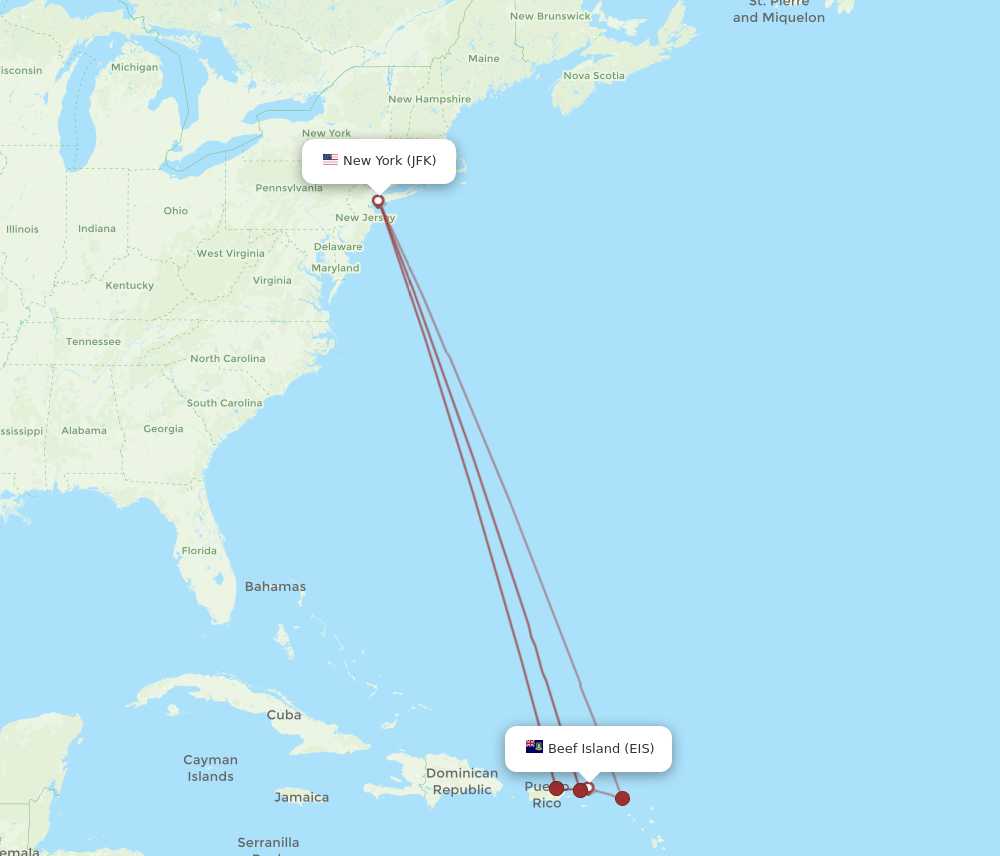 Flights from New York to Beef Island JFK to EIS Flight Routes