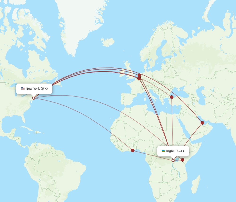 All flight routes from New York to Kigali, JFK to KGL - Flight Routes