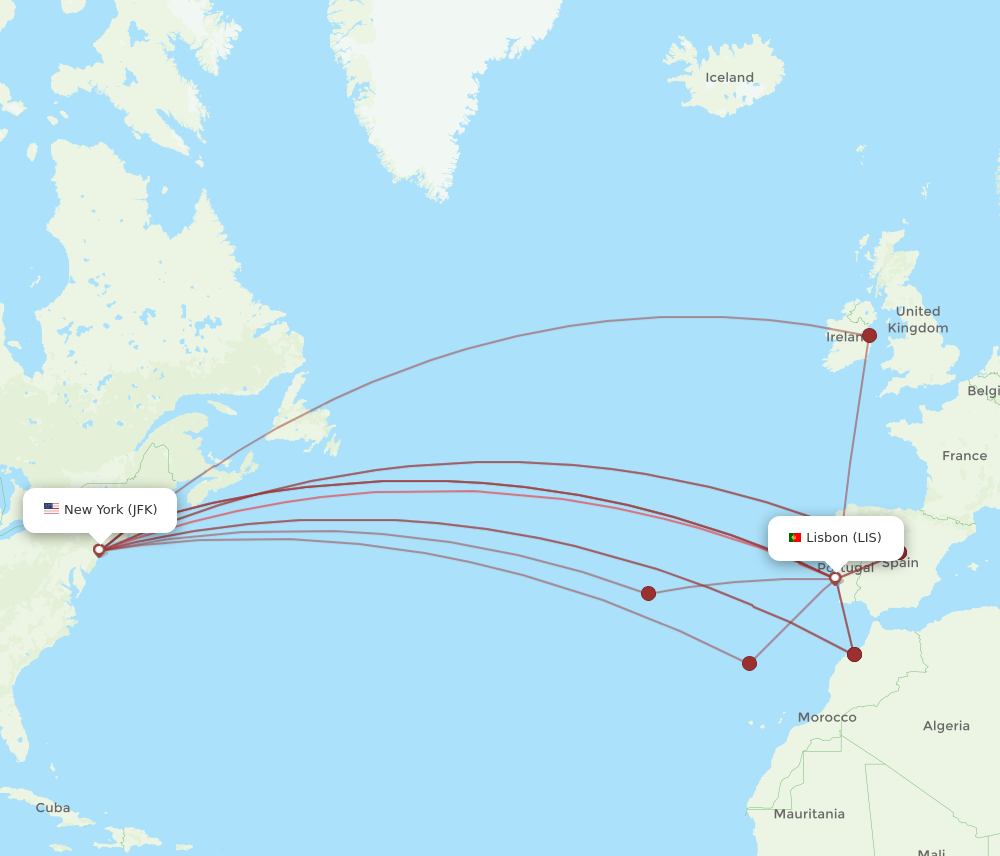 All flight routes from New York to Lisbon, JFK to LIS Flight Routes