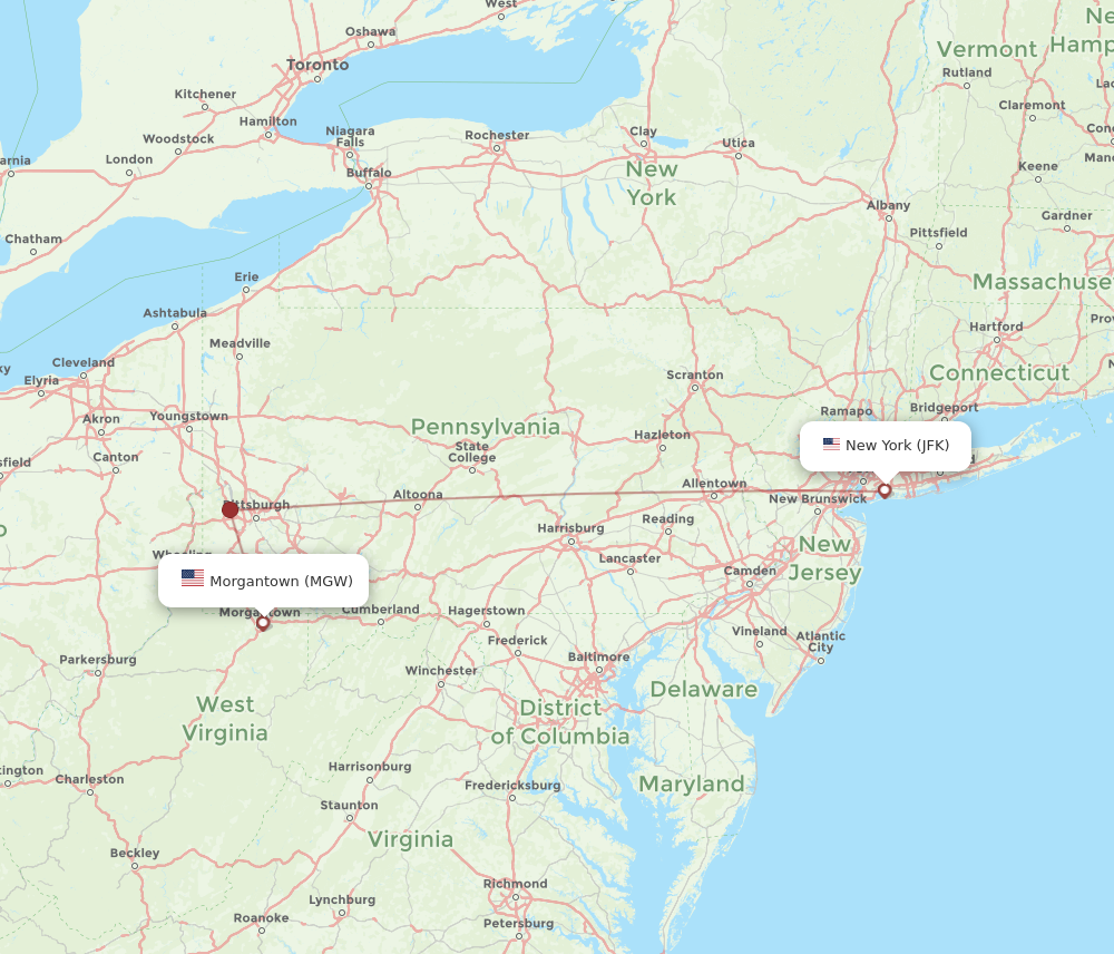 All flight routes from New York to Morgantown, JFK to MGW - Flight Routes