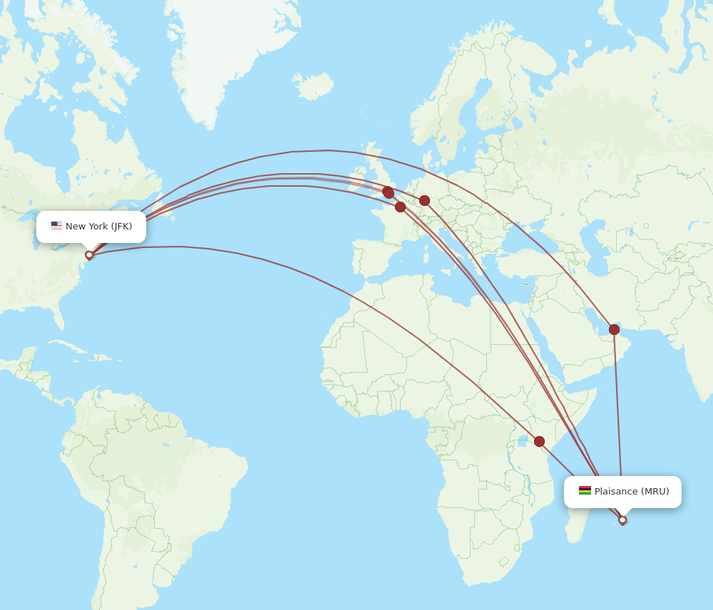 All flight routes from New York to Mauritius, JFK to MRU - Flight Routes