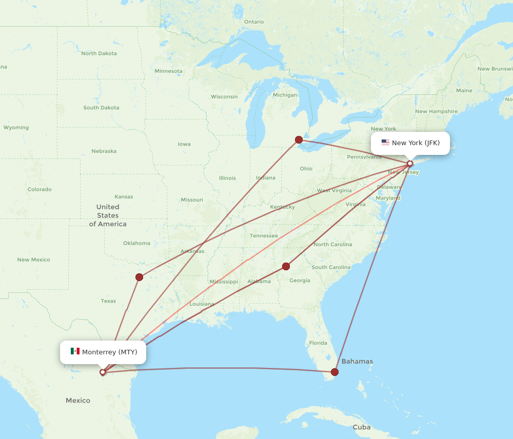 All flight routes from New York to Monterrey, JFK to MTY - Flight Routes