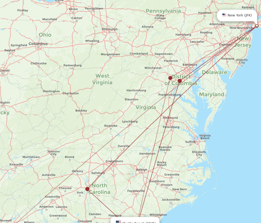 Flights from New York to Myrtle Beach JFK to MYR Flight Routes