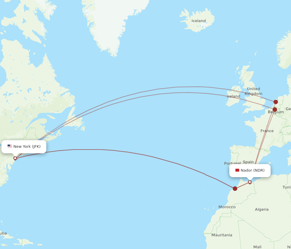 All flight routes from New York to Nador, JFK to NDR - Flight Routes