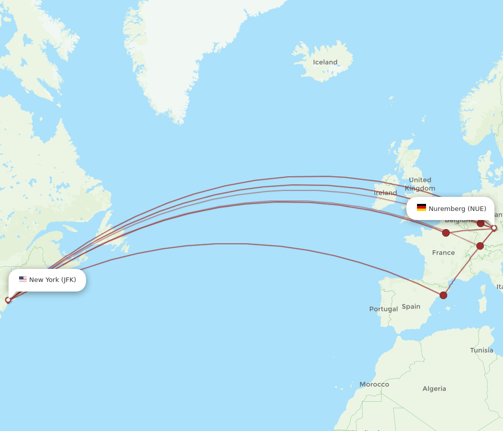 All flight routes from New York to Nuremberg, JFK to NUE - Flight Routes