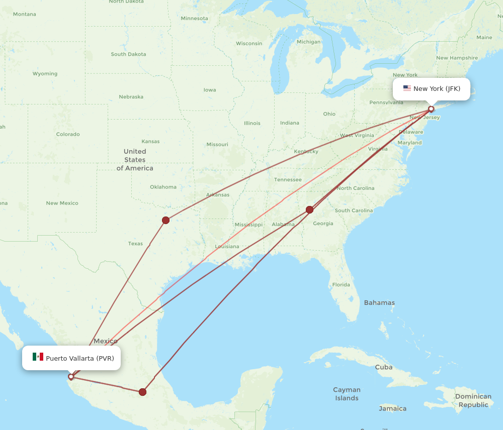 All flight routes from New York to Puerto Vallarta, JFK to PVR - Flight ...