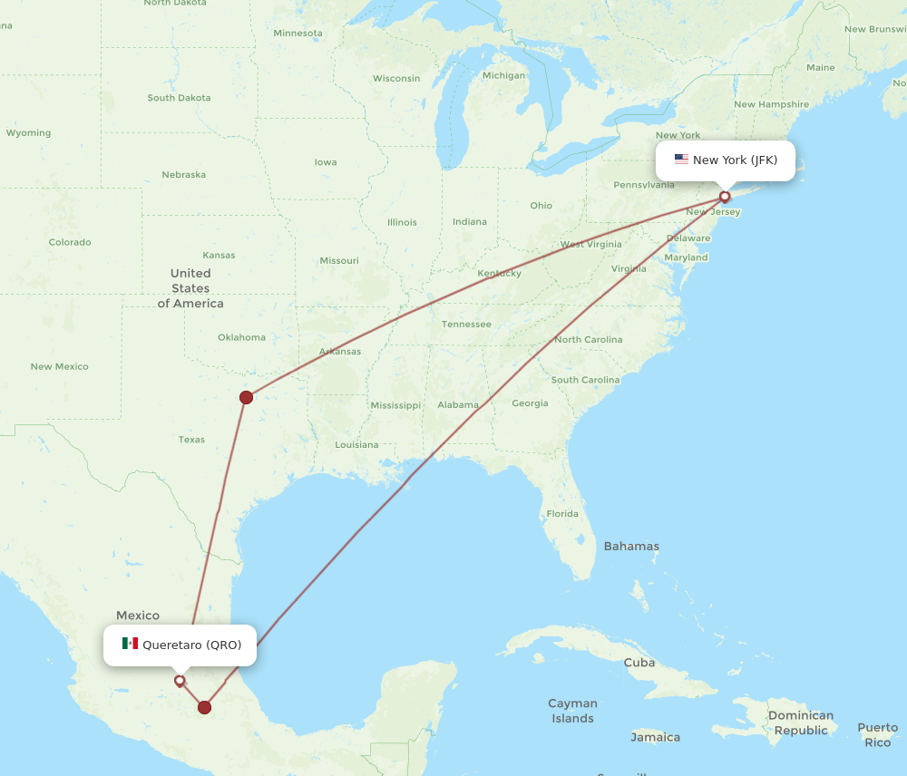 All flight routes from New York to Queretaro, JFK to QRO - Flight Routes