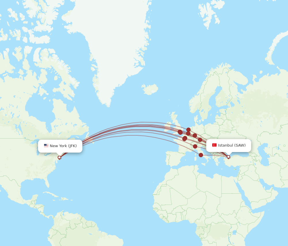 Flights from New York to Istanbul JFK to SAW Flight Routes