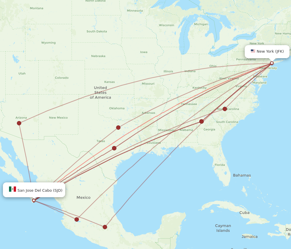 JFK to SJD flights and routes map