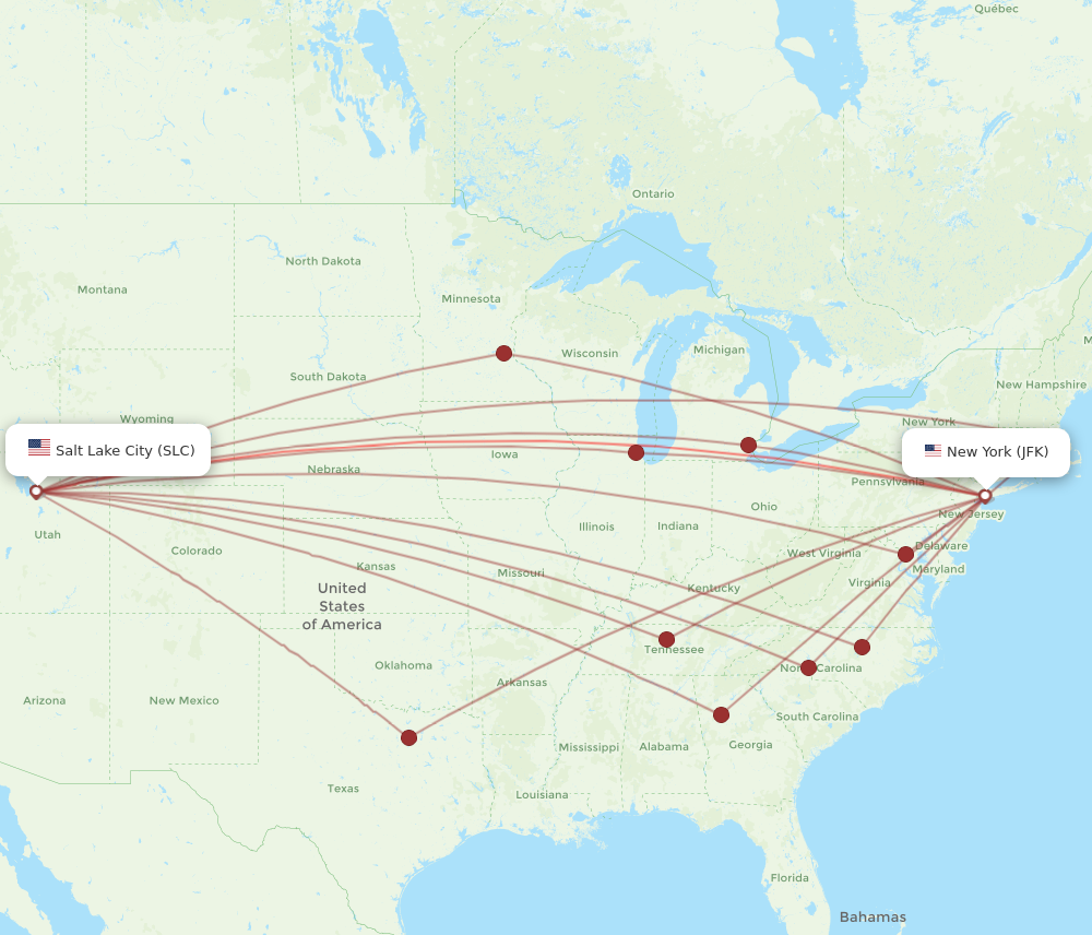 All flight routes from New York to Salt Lake City, JFK to SLC - Flight ...