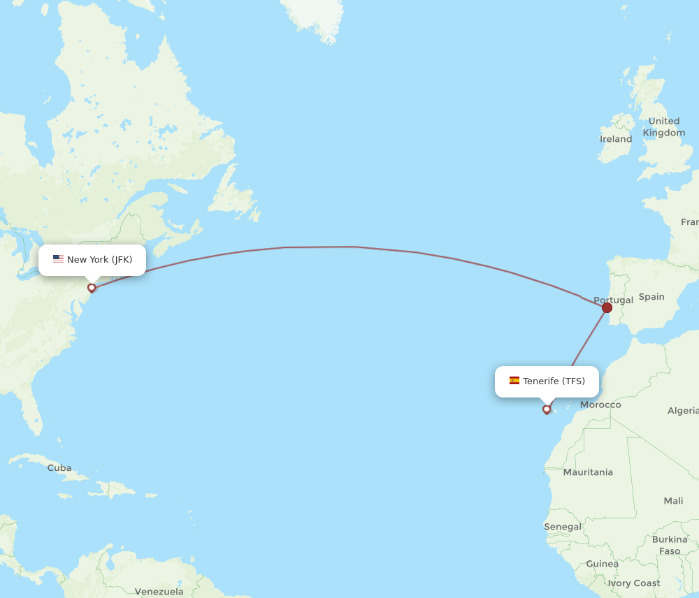 Flights from New York to Tenerife JFK to TFS Flight Routes