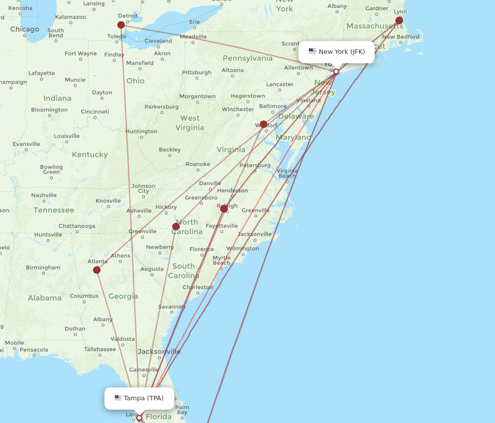 All flight routes from New York to Tampa, JFK to TPA - Flight Routes