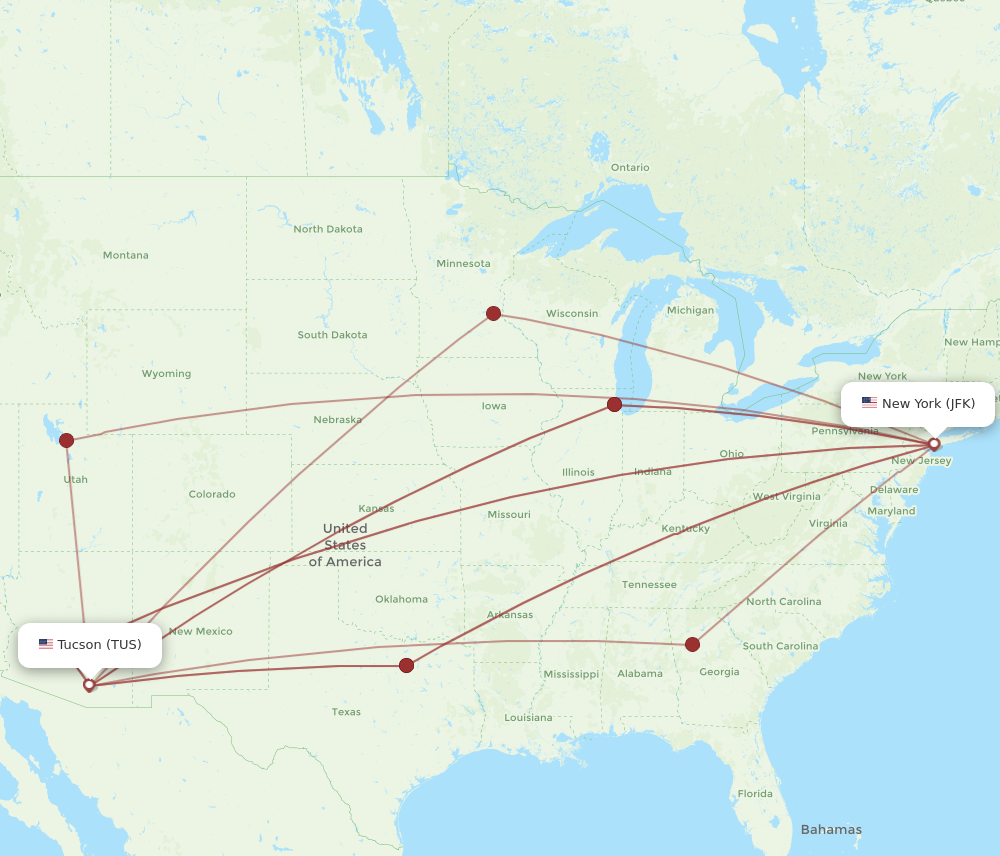 All flight routes from New York to Tucson, JFK to TUS - Flight Routes