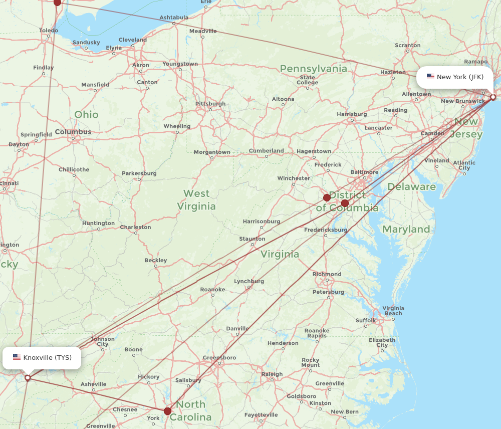 Flights from New York to Knoxville JFK to TYS Flight Routes