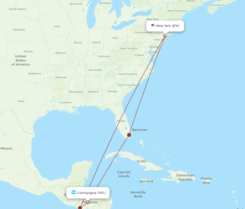 All flight routes from New York to Comayagua, JFK to XPL - Flight Routes