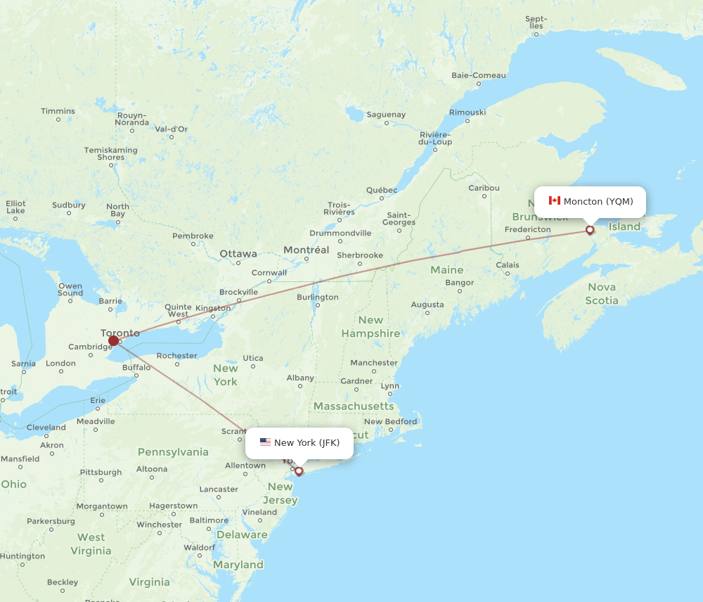 Flights from New York to Moncton, JFK to YQM Flight Routes