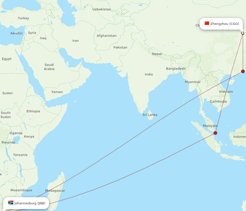 All flight routes from Johannesburg to Zhengzhou, JNB to CGO - Flight ...