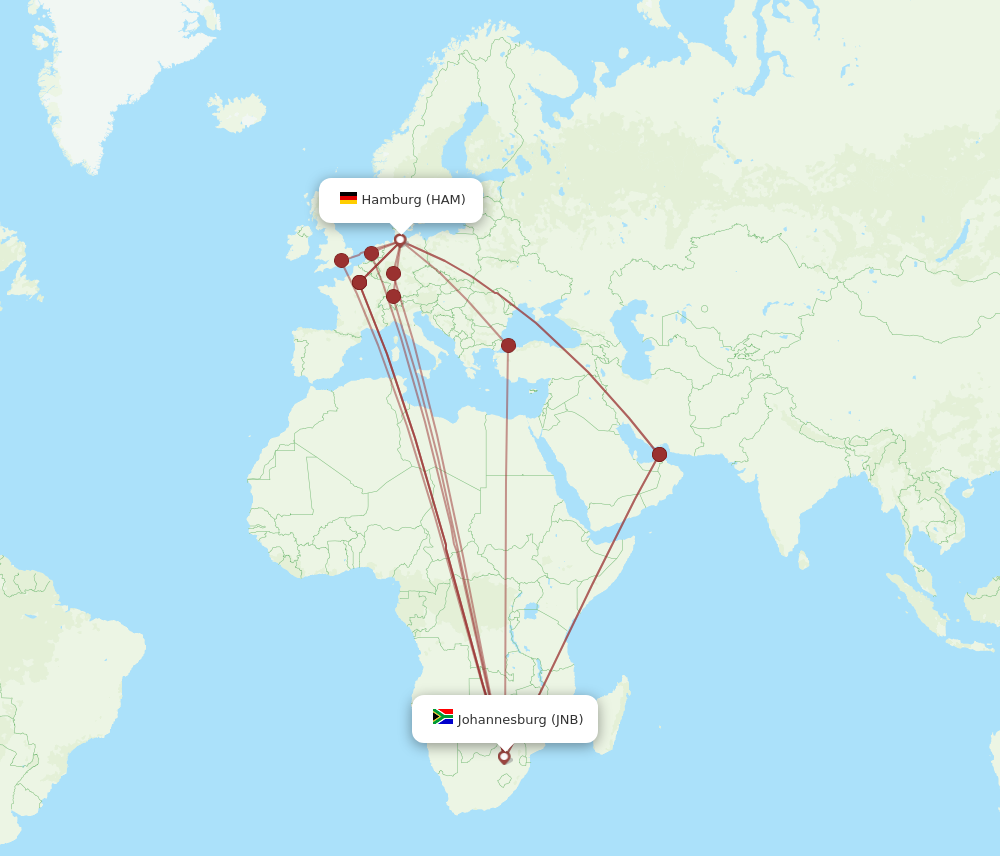 All flight routes from Johannesburg to Hamburg, JNB to HAM - Flight Routes