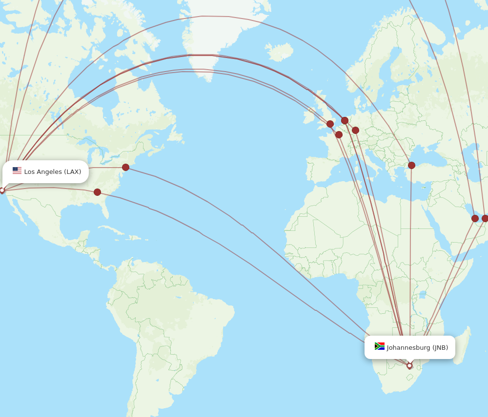 All flight routes from Johannesburg to Los Angeles, JNB to LAX - Flight ...