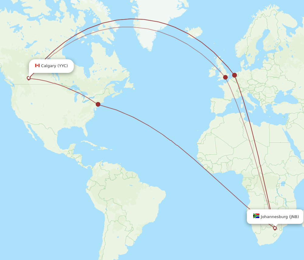 Flights from Calgary to Johannesburg YYC to JNB Flight Routes