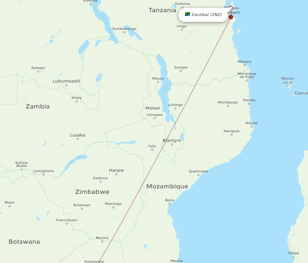 Flights from Zanzibar to Johannesburg ZNZ to JNB Flight Routes