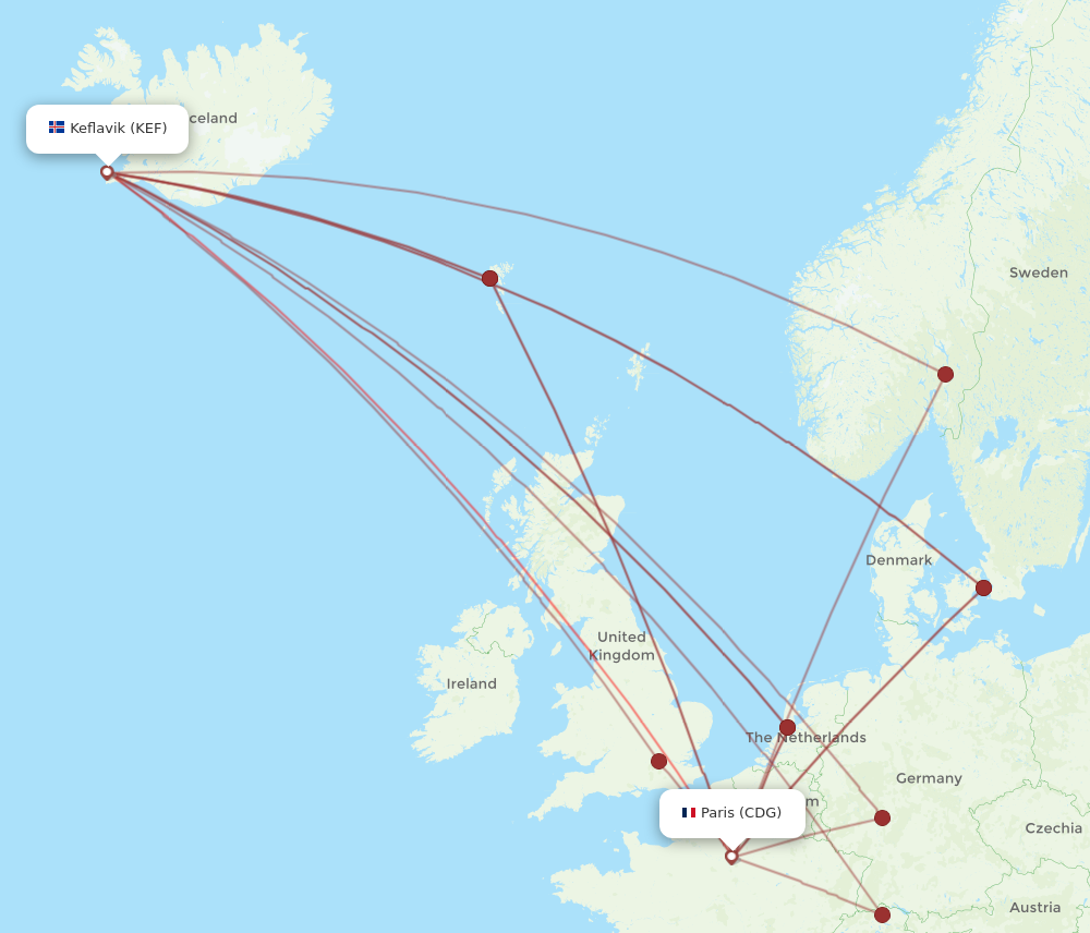 Flights from Reykjavik to Paris KEF to CDG Flight Routes