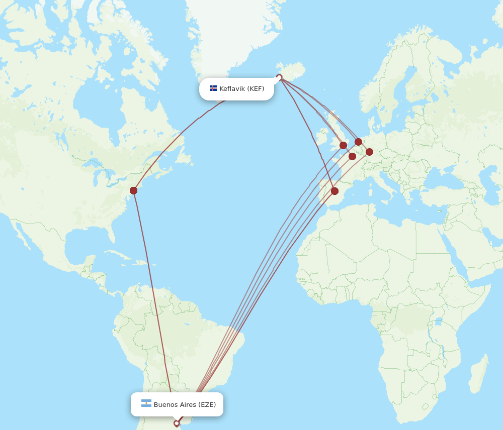 Flights from Reykjavik to Buenos Aires KEF to EZE Flight Routes