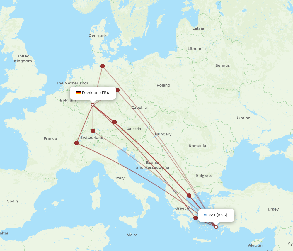 All flight routes from Kos to Frankfurt, KGS to FRA - Flight Routes