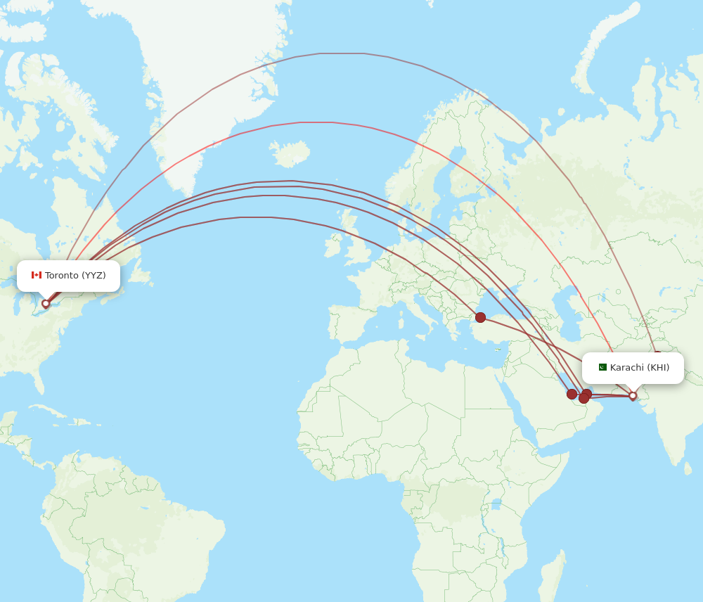 All flight routes from Karachi to Toronto, KHI to YYZ - Flight Routes