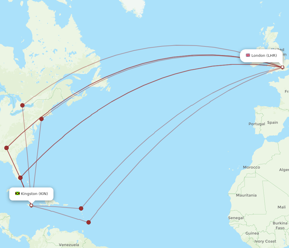 All flight routes from Kingston to London, KIN to LHR - Flight Routes