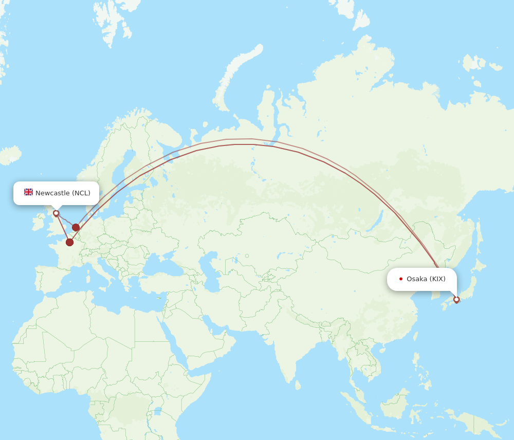 KIX to NCL flights and routes map