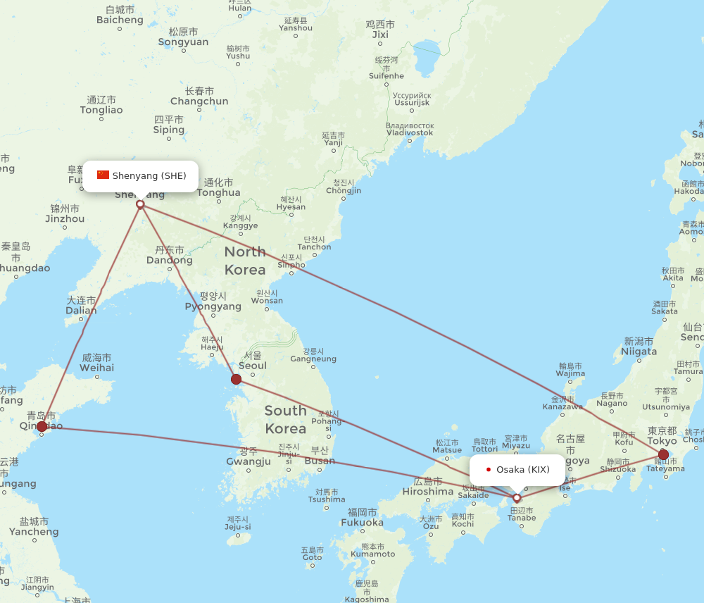 KIX to SHE flights and routes map